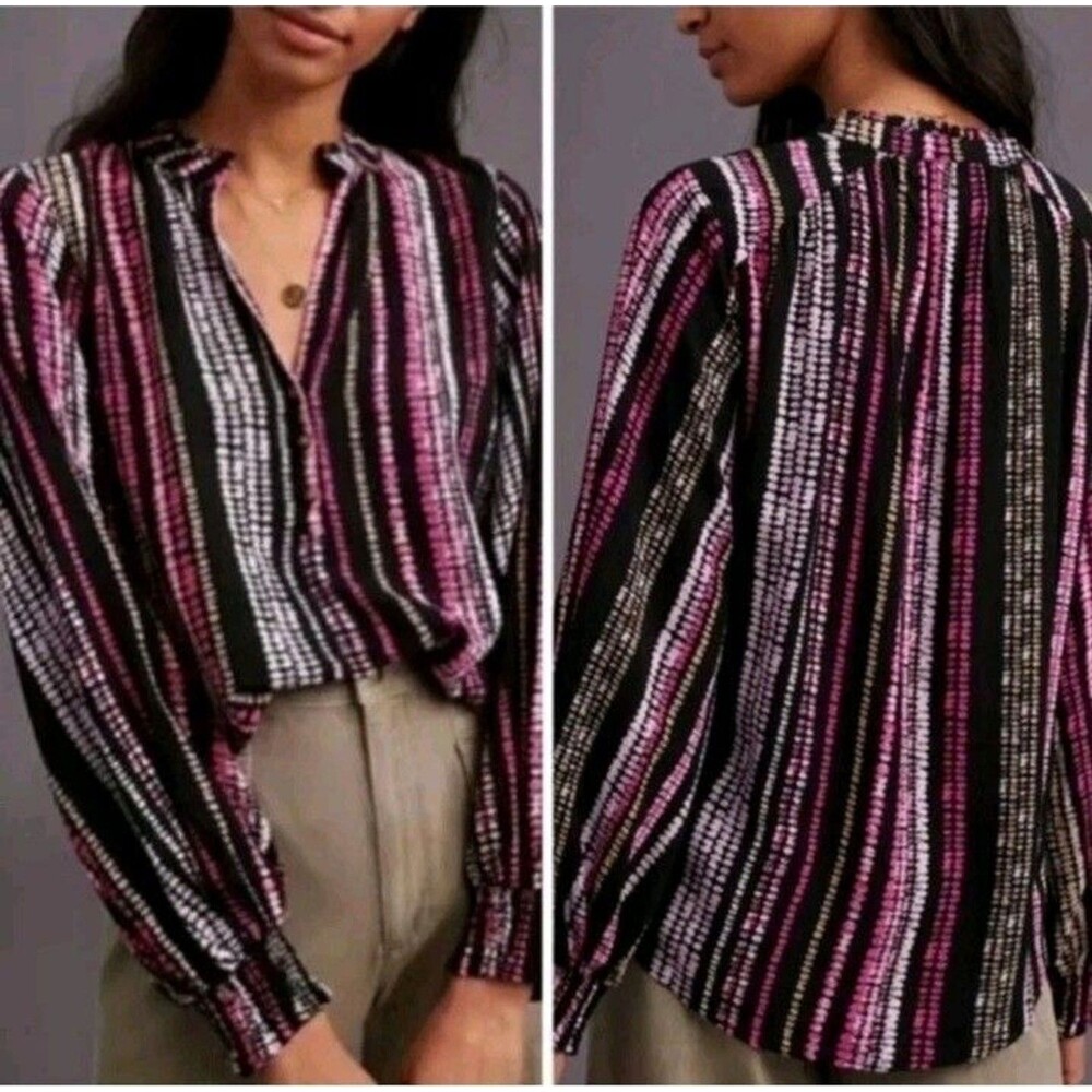 Maeve Anthropologie Colette Blouse Womens Medium Black Pink Stripe Peasant Top